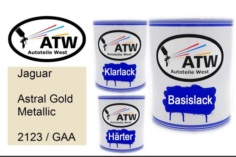 Jaguar, Astral Gold Metallic, 2123 / GAA: 1L Lackdose + 1L Klarlack + 500ml Härter - Set, von ATW Autoteile West.